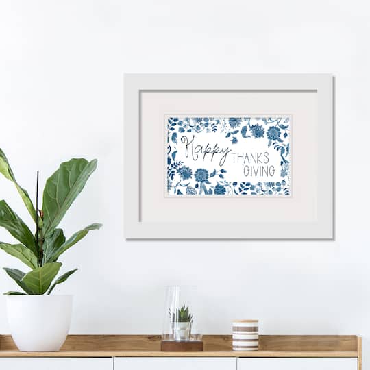 Blue & White Happy Thanksgiving Fall Print in White Frame